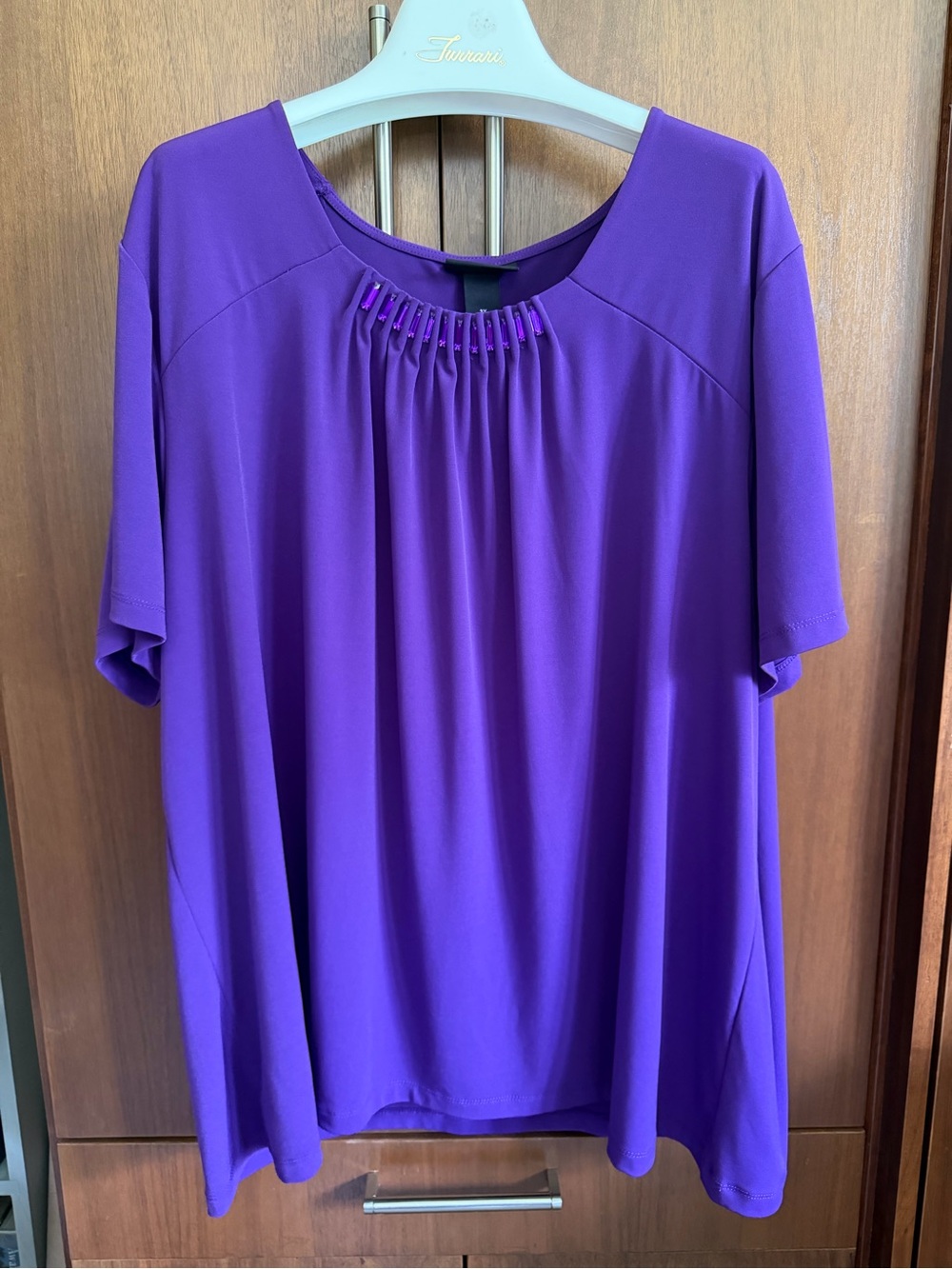 Maggie Barnes Vibrant Purple Short-Sleeve Pleated-Neck Top NWT - Picture 2 of 5